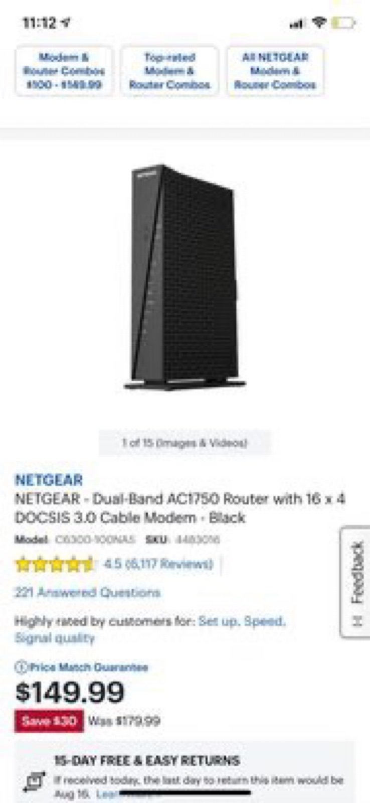 NetGear Dual-Band AC1750 Router with 16 x 4 DOCSIS 3.0 Cable Modem in Black