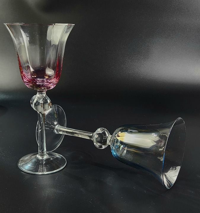 Vintage Romania Wine Glasses - Tulip Shaped Bowls - Pink & Blue - Set of 2