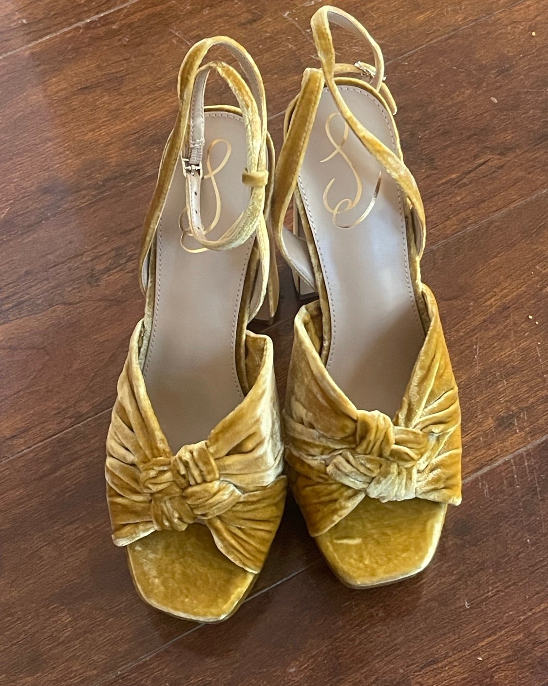 NEW Sam Edelman Kristen Yellow Gold Velvet Knotted Block Heel Platform Sandals