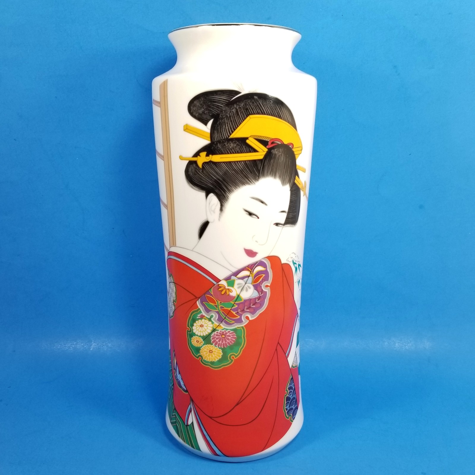Vtg Signed Eiwa Kinsei Japanese Geisha Girl Vase 12 Asian Japan MCI Cylinder