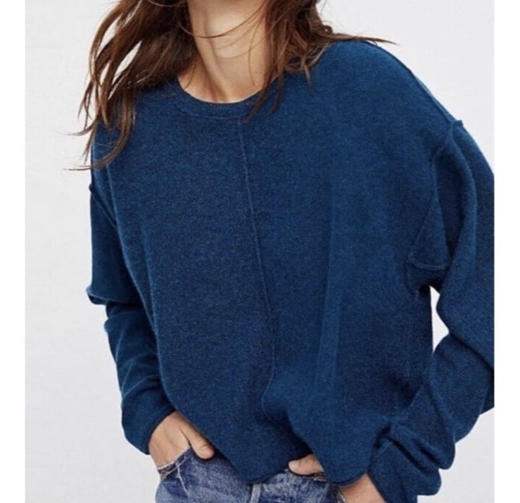 Free People Women's Size Xs Silk Cashmere Cropped Crew Sweater Top Blue Teal