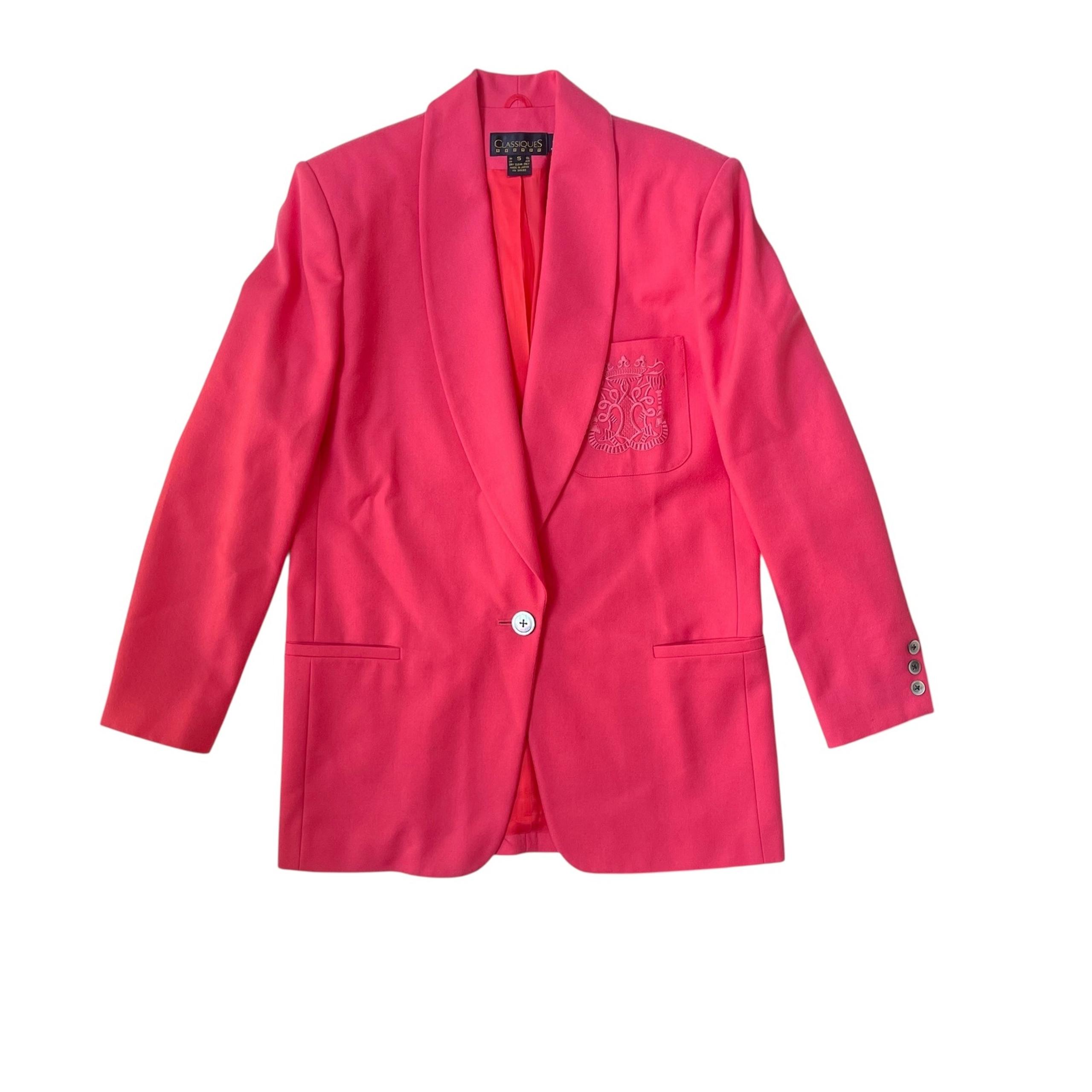Classiques Entier Wool Blazer Hot Pink Embroidered Pocket Shawl Collar S