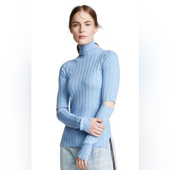EUC HELMUT LANG Cutout Ribbed Wool Turtleneck Sweater In Light Blue 379 xs