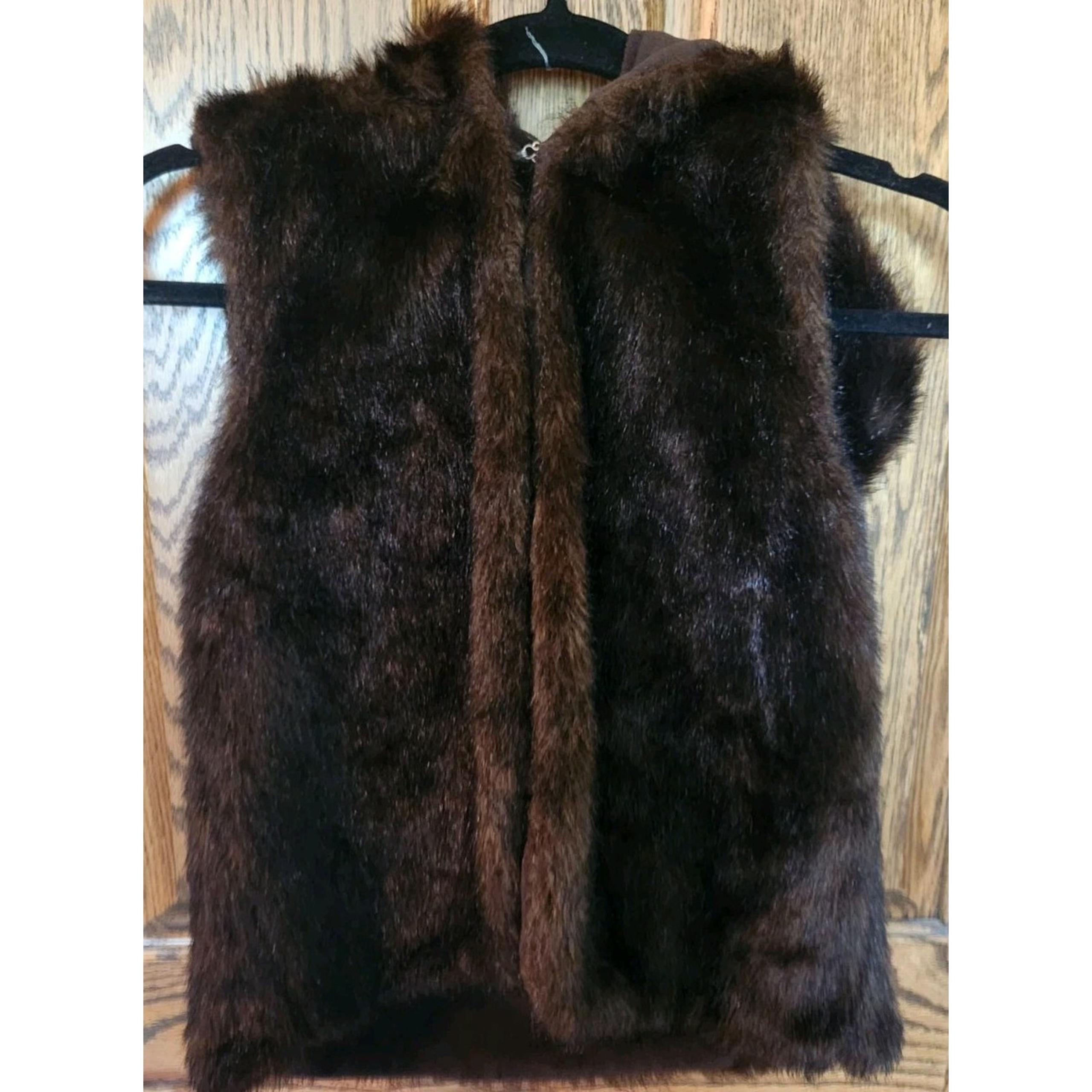 Lands' End Girls Vest Size M 10/12 Brown Faux Fur Hooded Sleeveless Eyelet Close