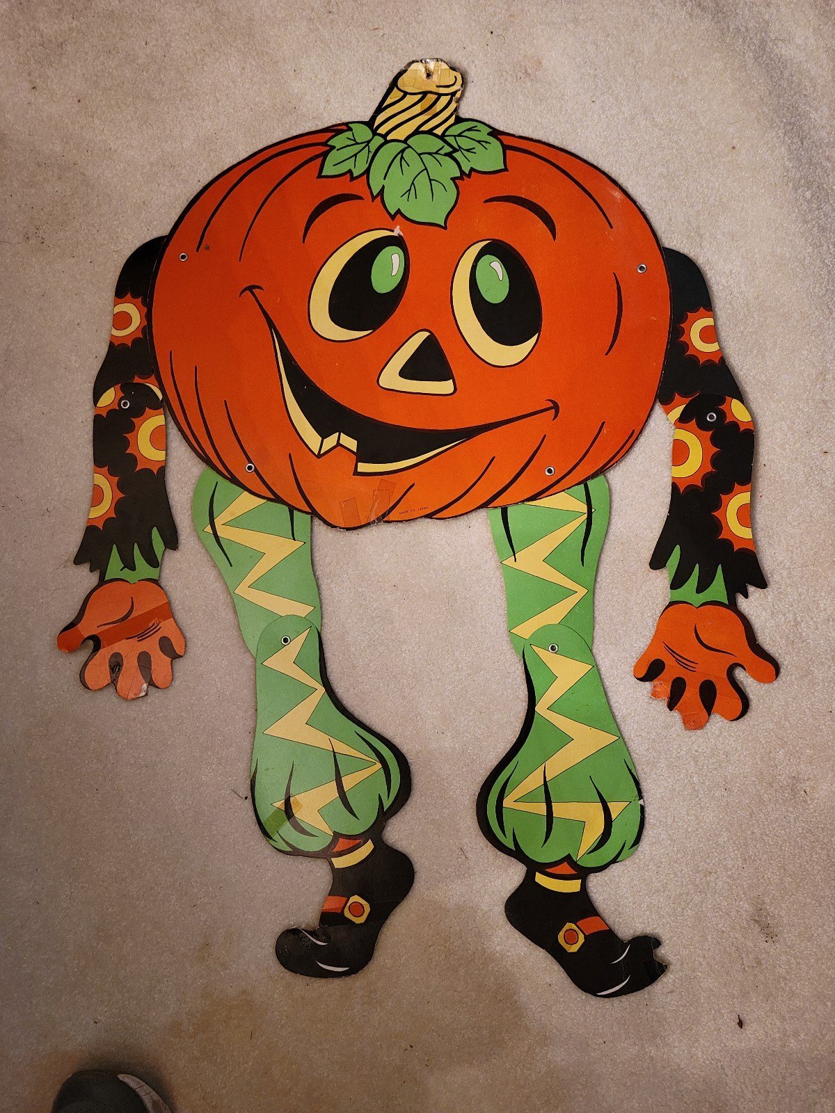 Vtg halloween Pumpkin w jointed legs arms, very colorful, Made in Japan
