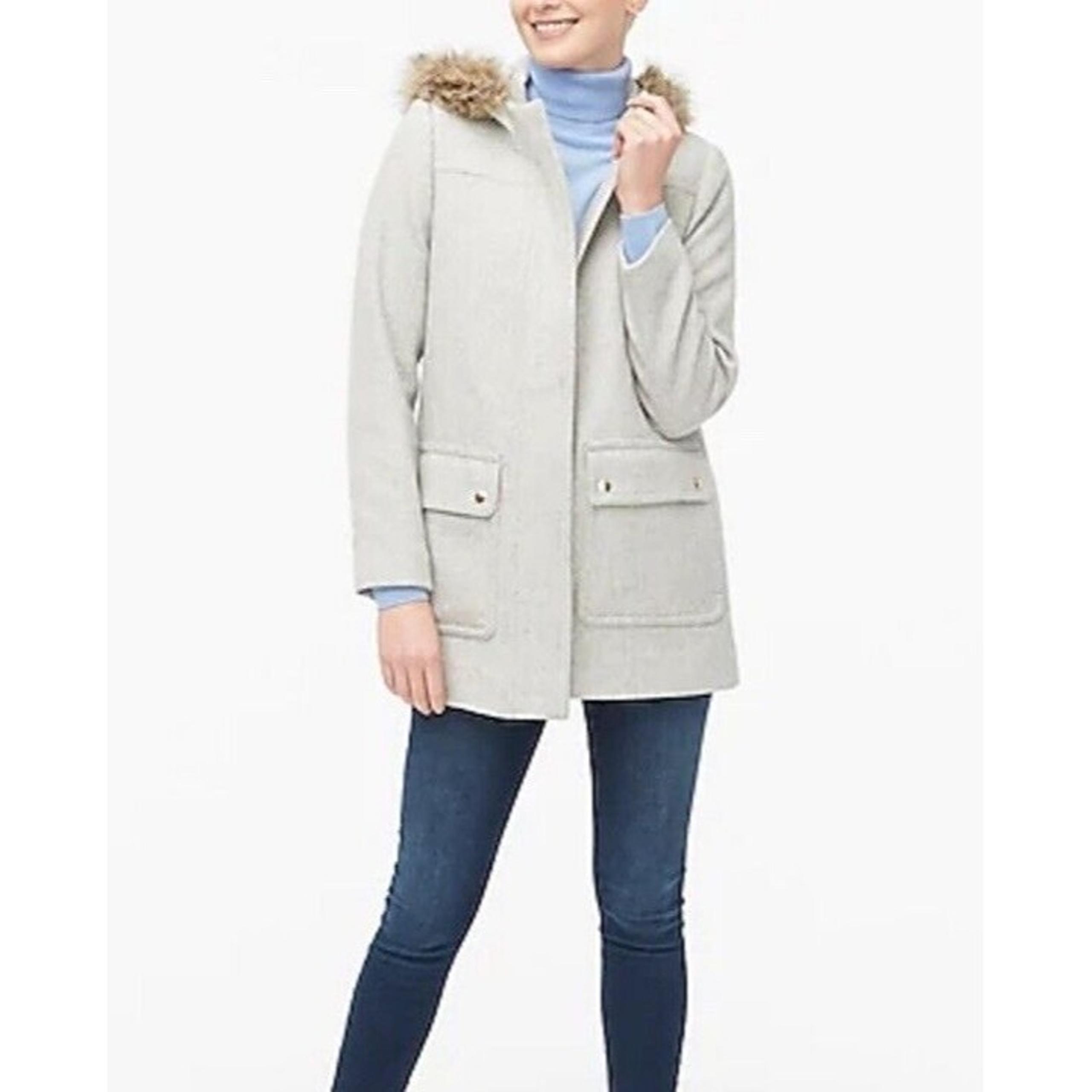 J. CREW Factory Woman's Sz 0 Vail Gray Beige Wool Blend Faux Fur Trim Parka Coat