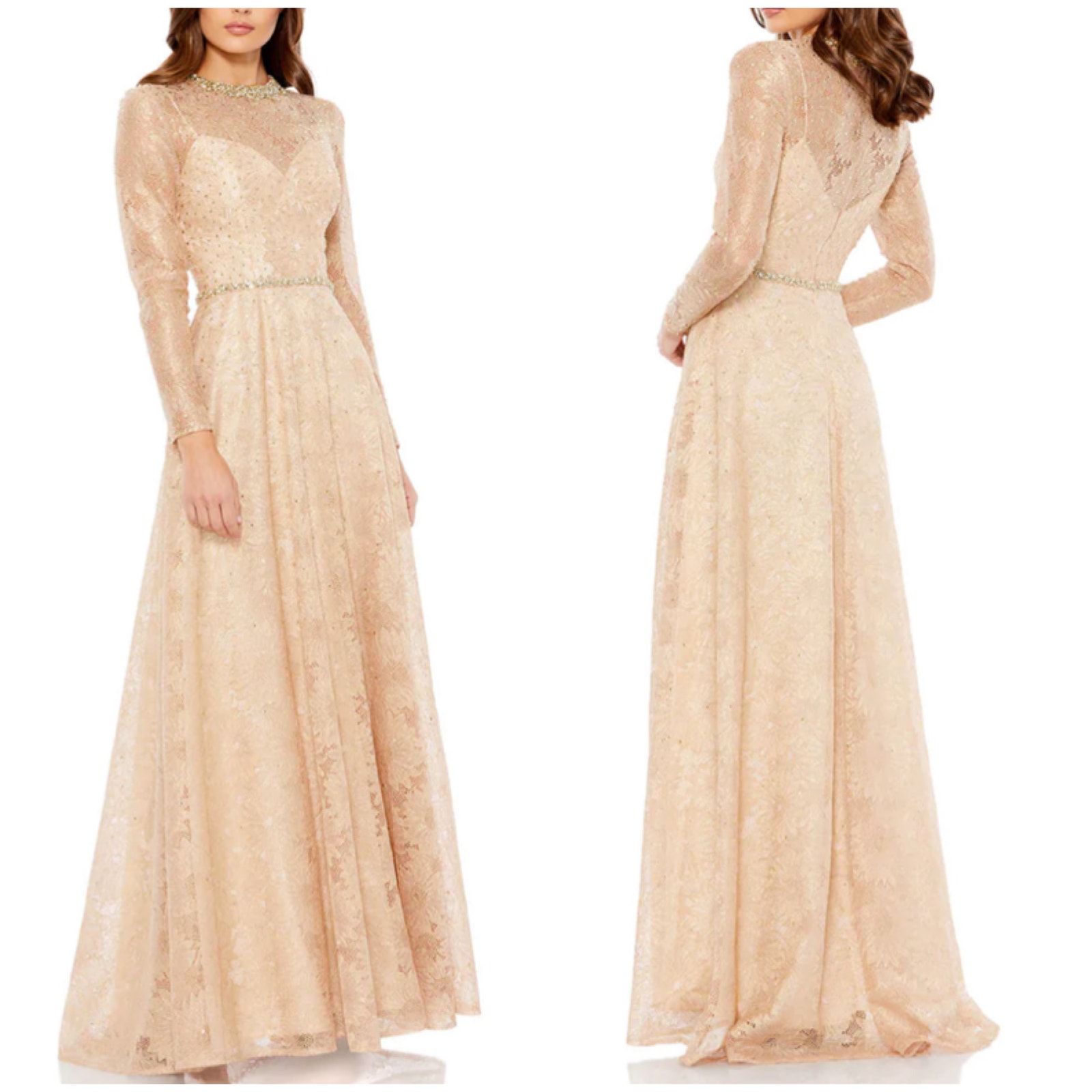 Mac Duggal NWT Long Sleeve Floral Lace Gown Size 16 Rose Pink Yellow Jeweled