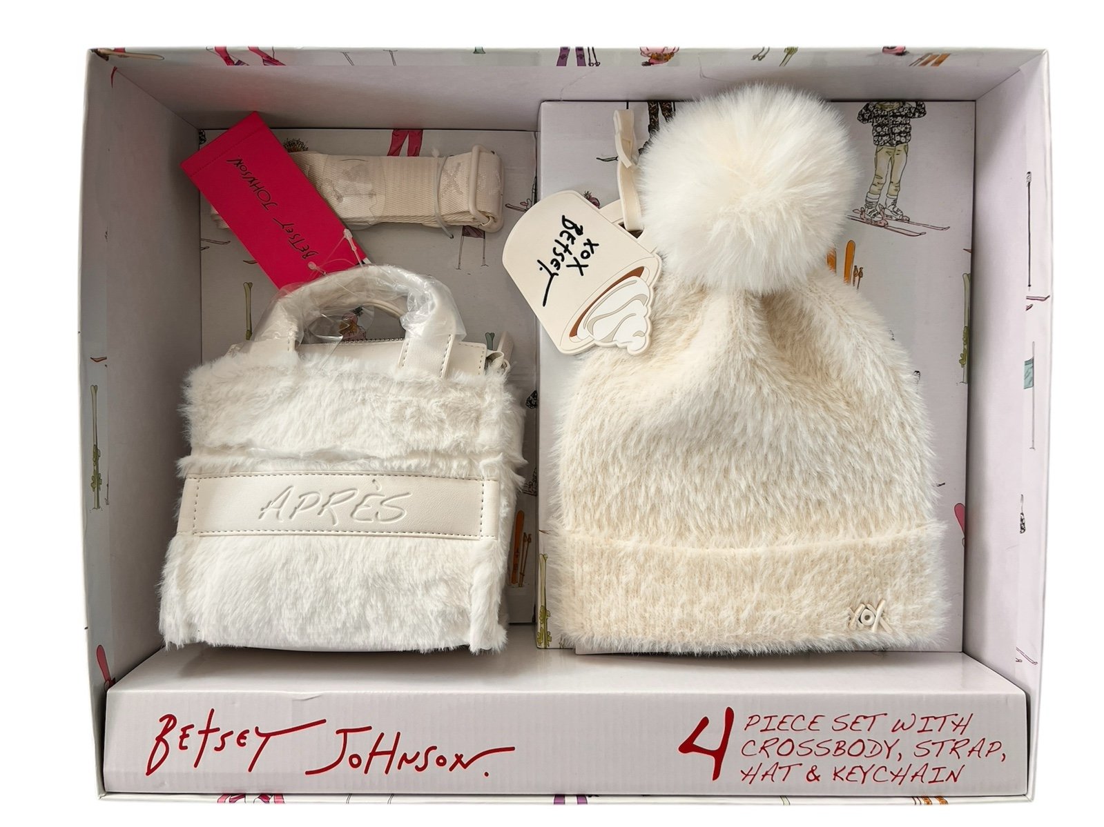 NWT Betsey Johnson 4 piece White Accessory Set: Crossbody, Strap, Hat & Keychain