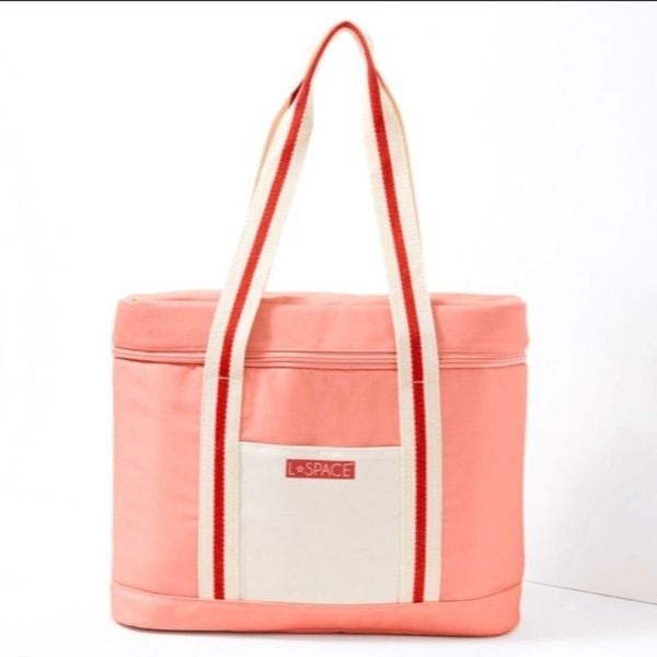L*Space Large Coastal Cooler Beach Bag Insulated Tote Pink Red Tailgate Picnic