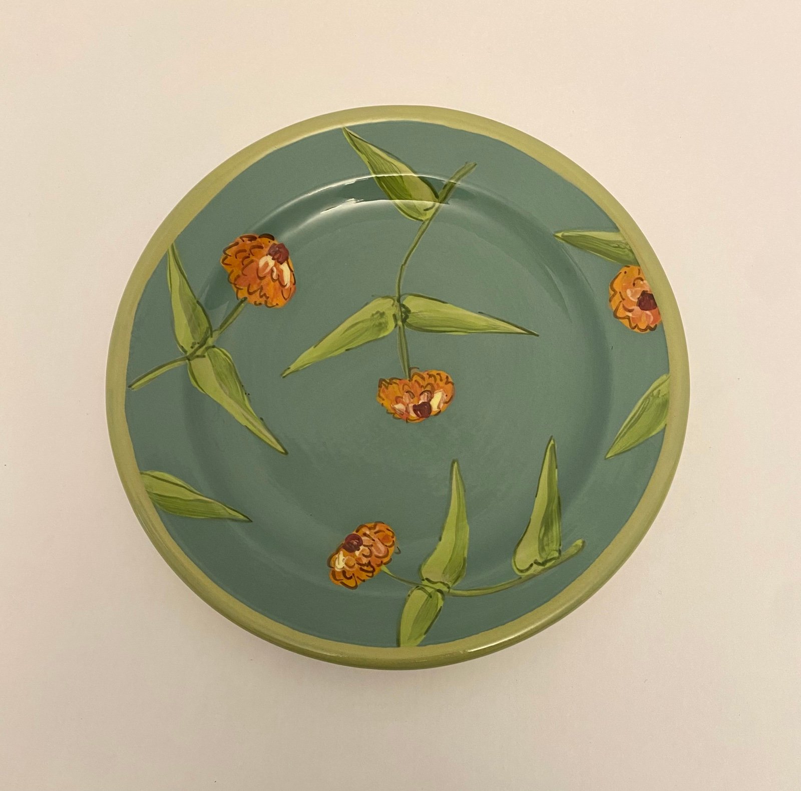 Droll Designs Hand Painted Green Floral 8.75” Plate Zinnia Clover Series 1990.