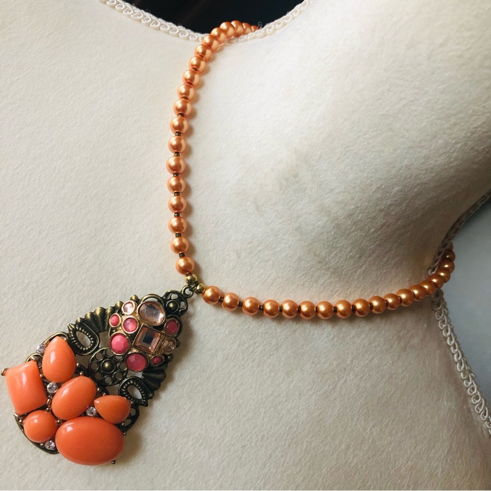 Handcrafted repurpose stone covered filigree pendant Czech glass Pearl necklace