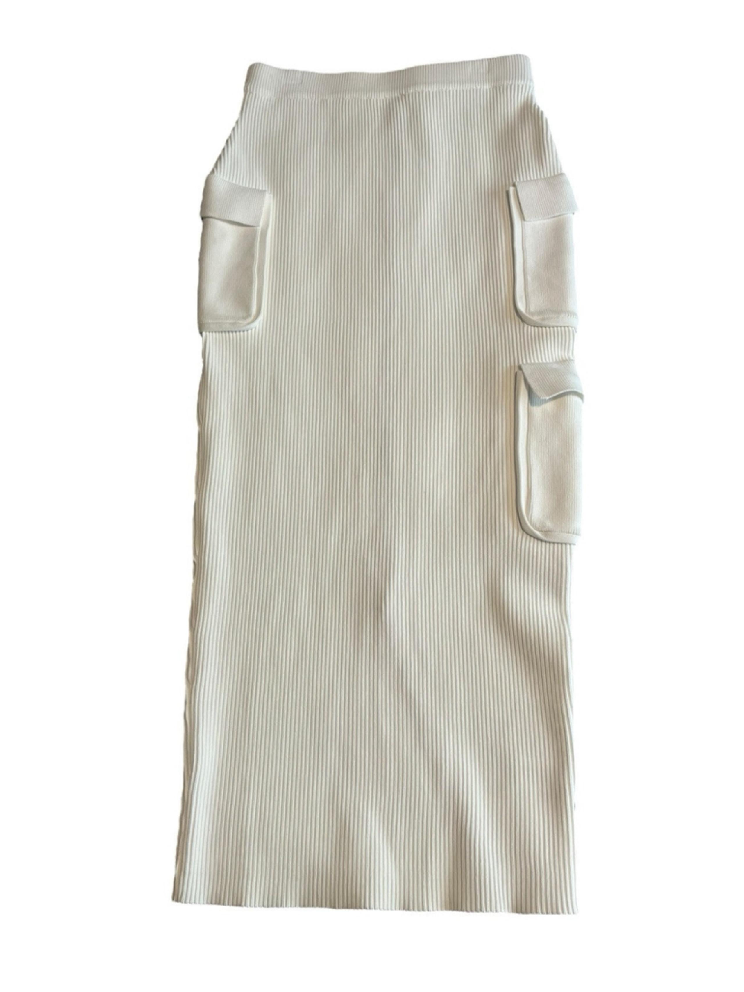 House Of CB Maeve Pencil Skirt Womens Medium White Cargo Ribbed Stretch Midi NEW