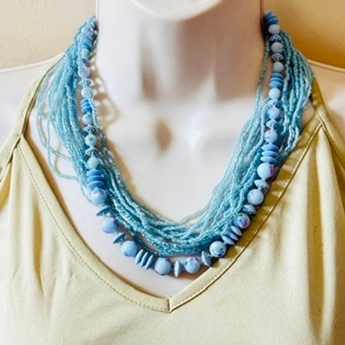 VTG floral Art Glass Necklace Japan Blue beaded Retro Collar multi strand bib