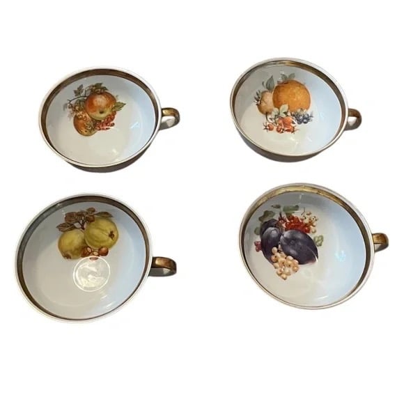 Set Of 4 Vintage Jaeger Bavaria Golden Crown Teacup Tea Cup & Saucer Nuts Fruit