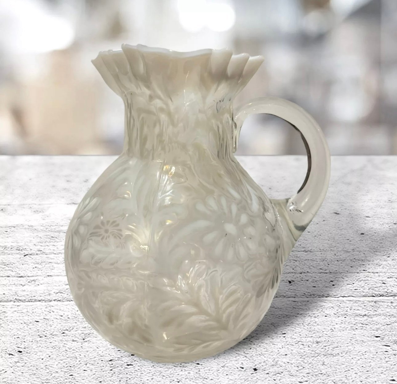 1894 NORTHWOOD White & Clear DAISY & FERN CRIMPED EDGE WATER PITCHER