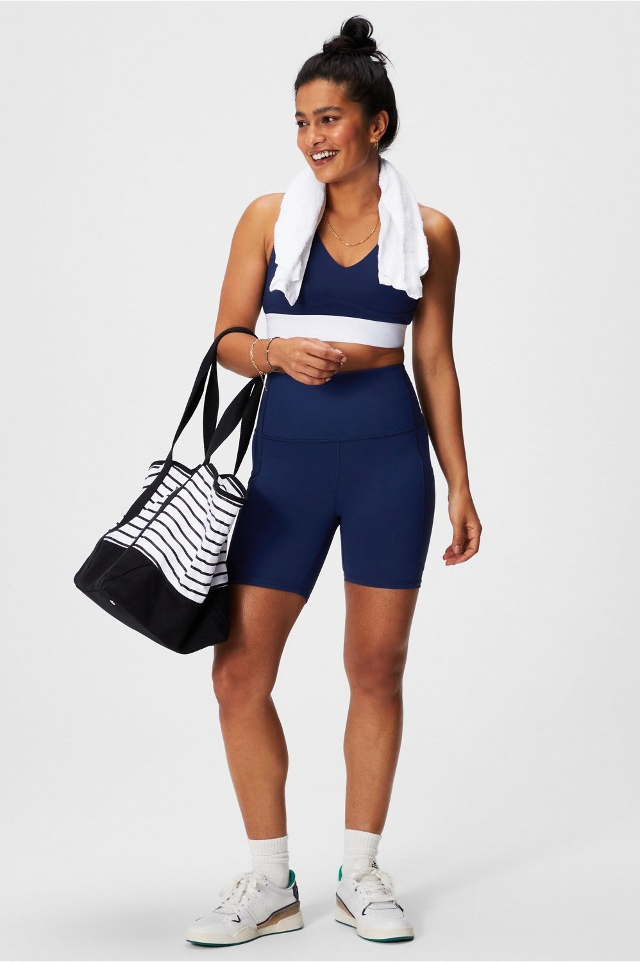 Powerhold by fabletics navy set, ultra HW 6” short + all day everyday bra small