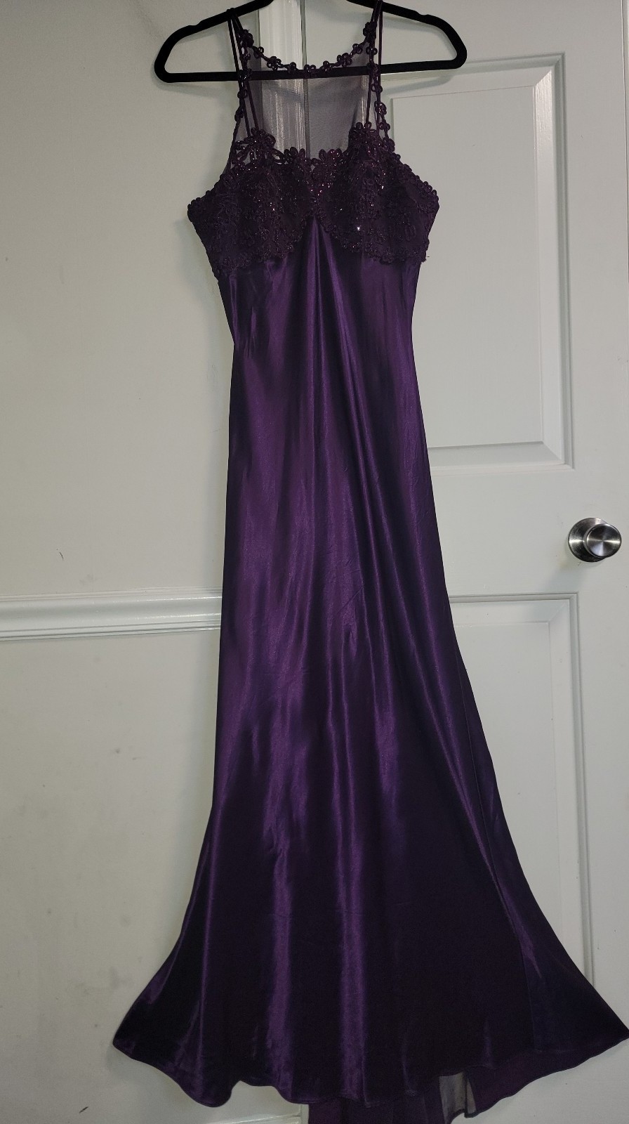 Vtg Y2k Morgan And Co Purple Satin Prom Gown Formal Sz 13 14 Mesh Slit Train