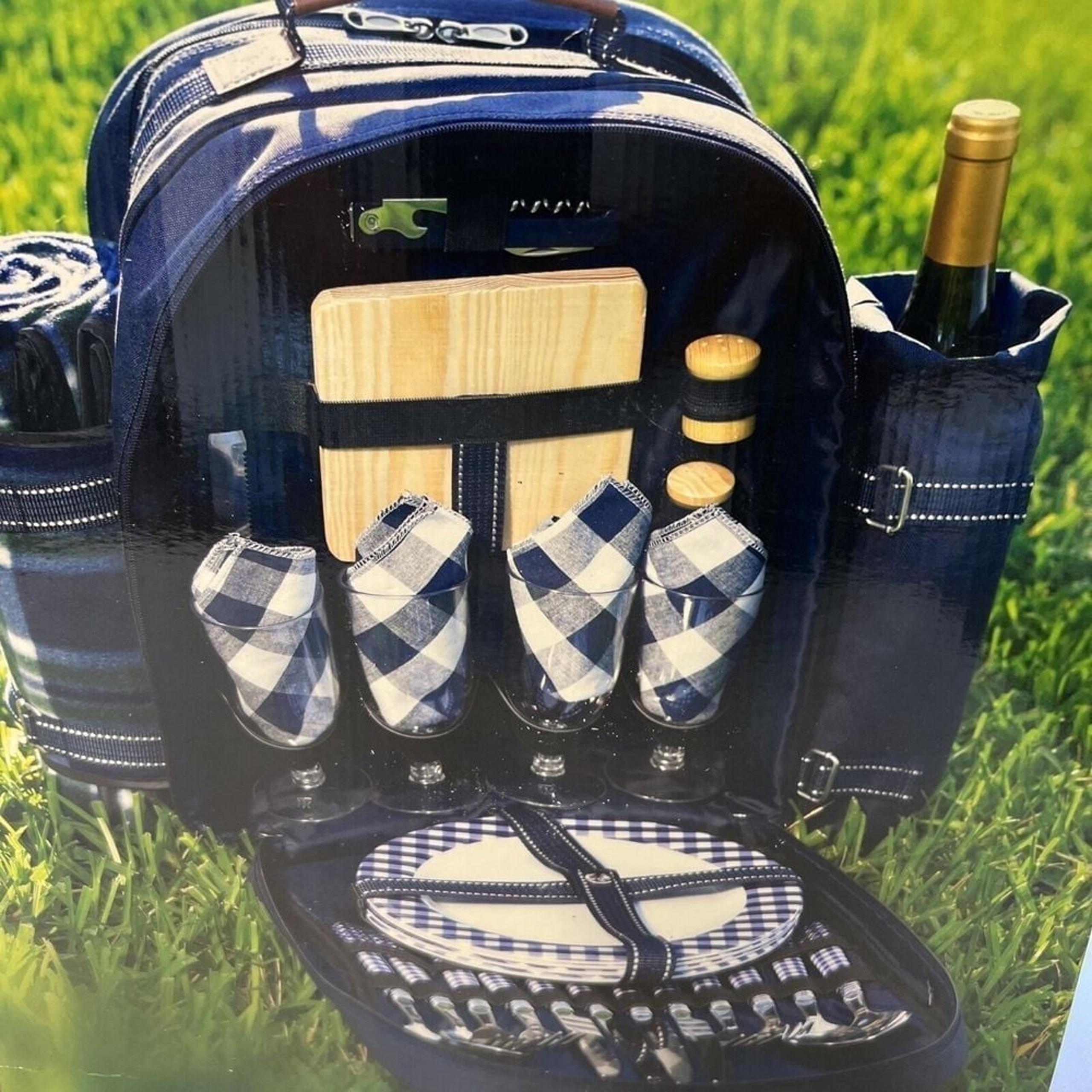 Picnic Backpack Set for 4 Navy Blue Plaid Excalibur Outdoor Living