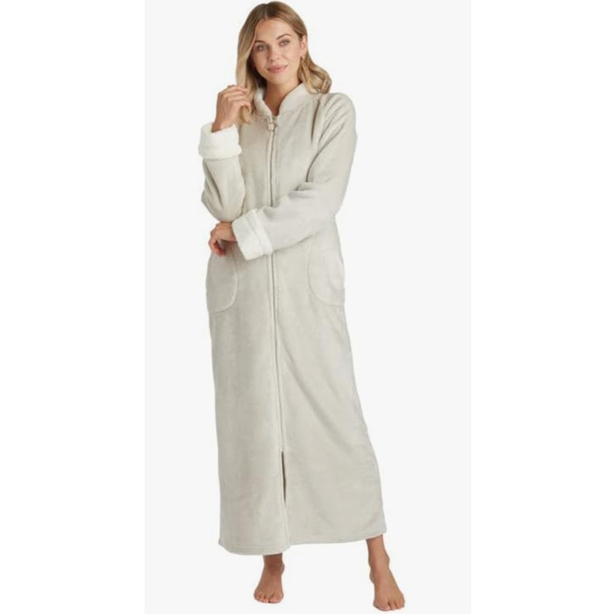 Softies Plush Zip Robe Womens Large Gray Sherpa Cuff Mandarin Collar Long Lounge