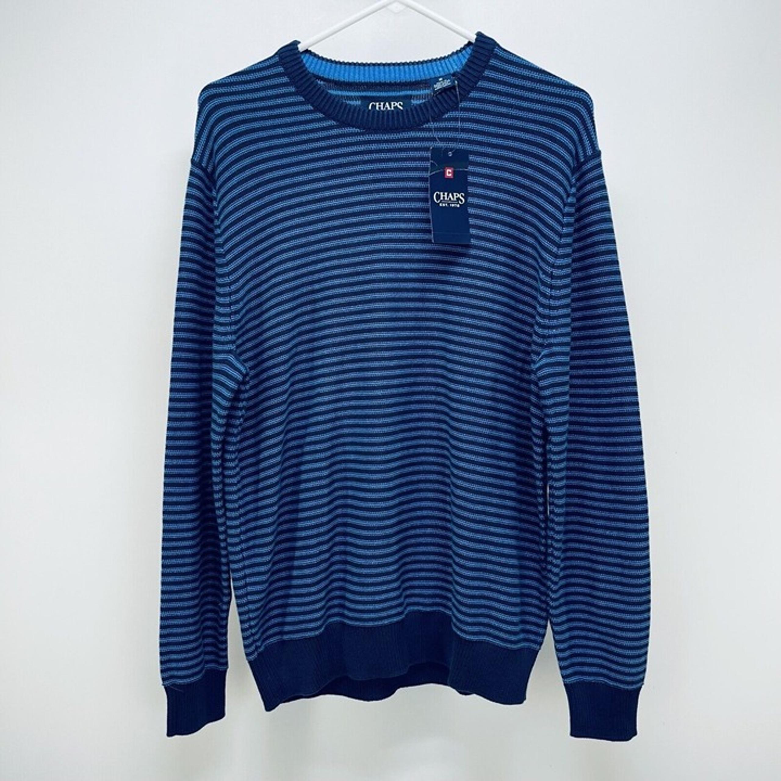 CHAPS Sweater Sz M Men's Blue Striped Crewneck Pullover 100% Cotton Embroidered
