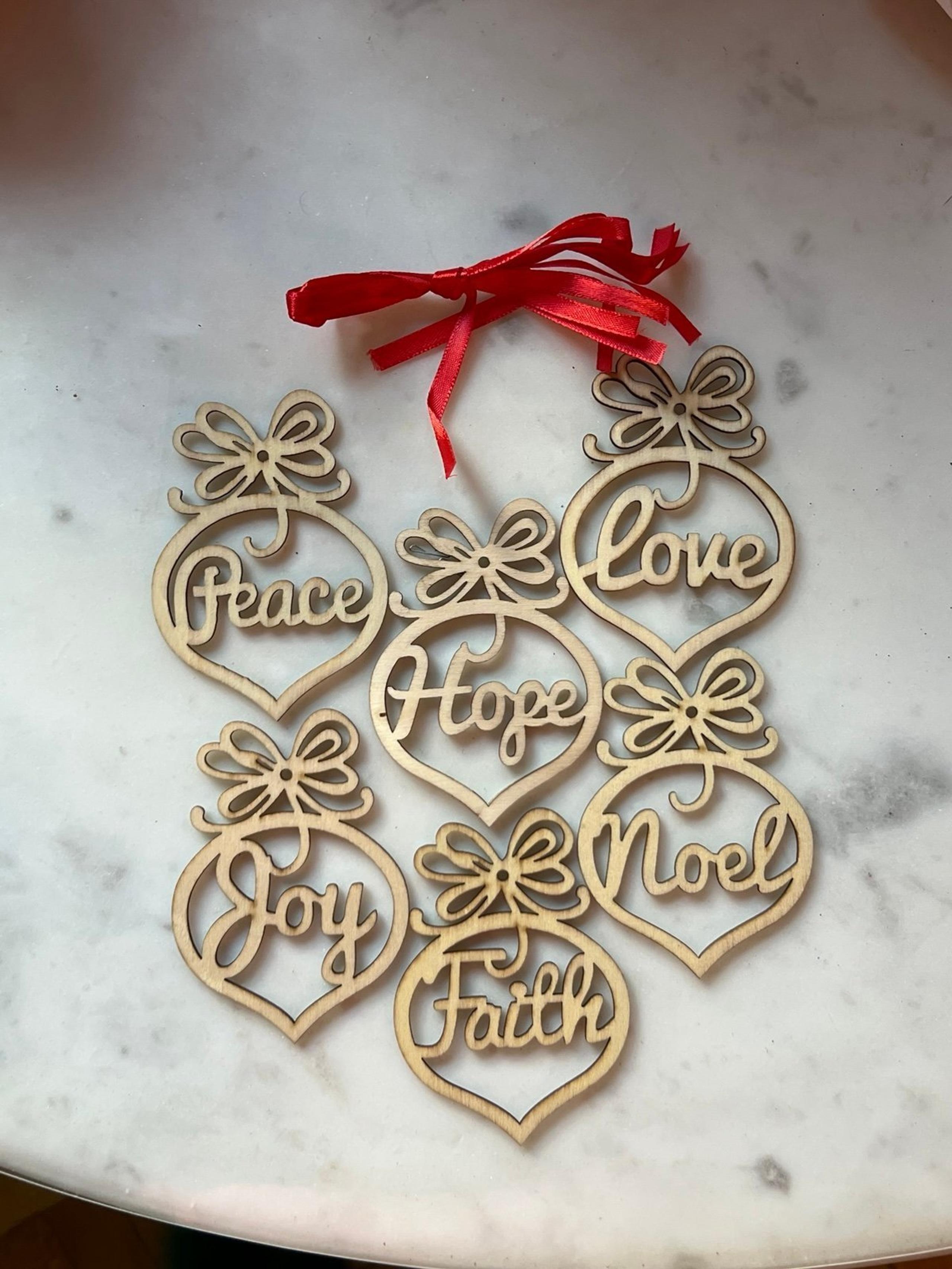 Christmas Wooden Hollow Ornaments Set of 6 Peace Joy Faith Noel Love Hope