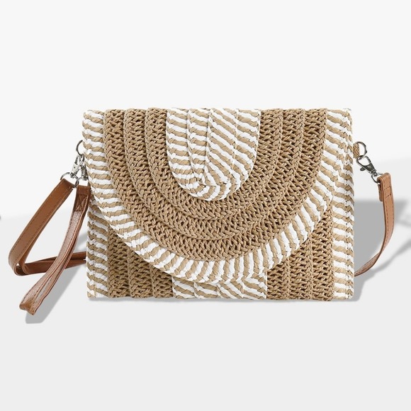 Taupe Striped Straw Clutch Bag Purse Crossbody Womens Accessory