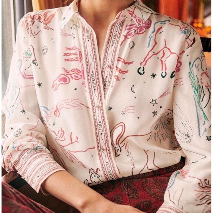 RARE Sezane Ann silk shirt zodiac multicolor pink blue red sz40 US8 bust41