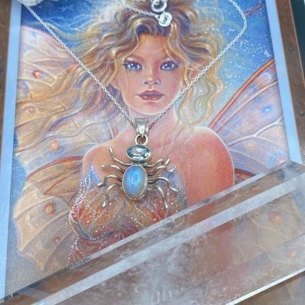 Spider Rainbow Moonstone & Blue Topaz Sterling Silver Necklace