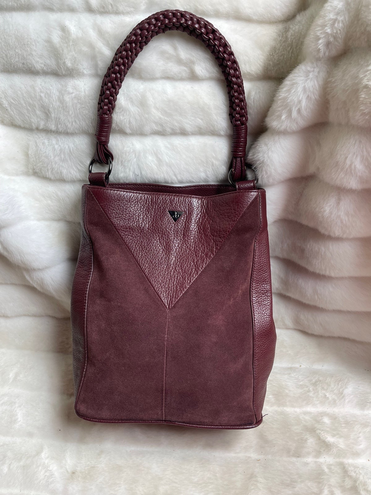 Sam Edelman Burgundy suede and pebble leather bucket style shoulder bag braided