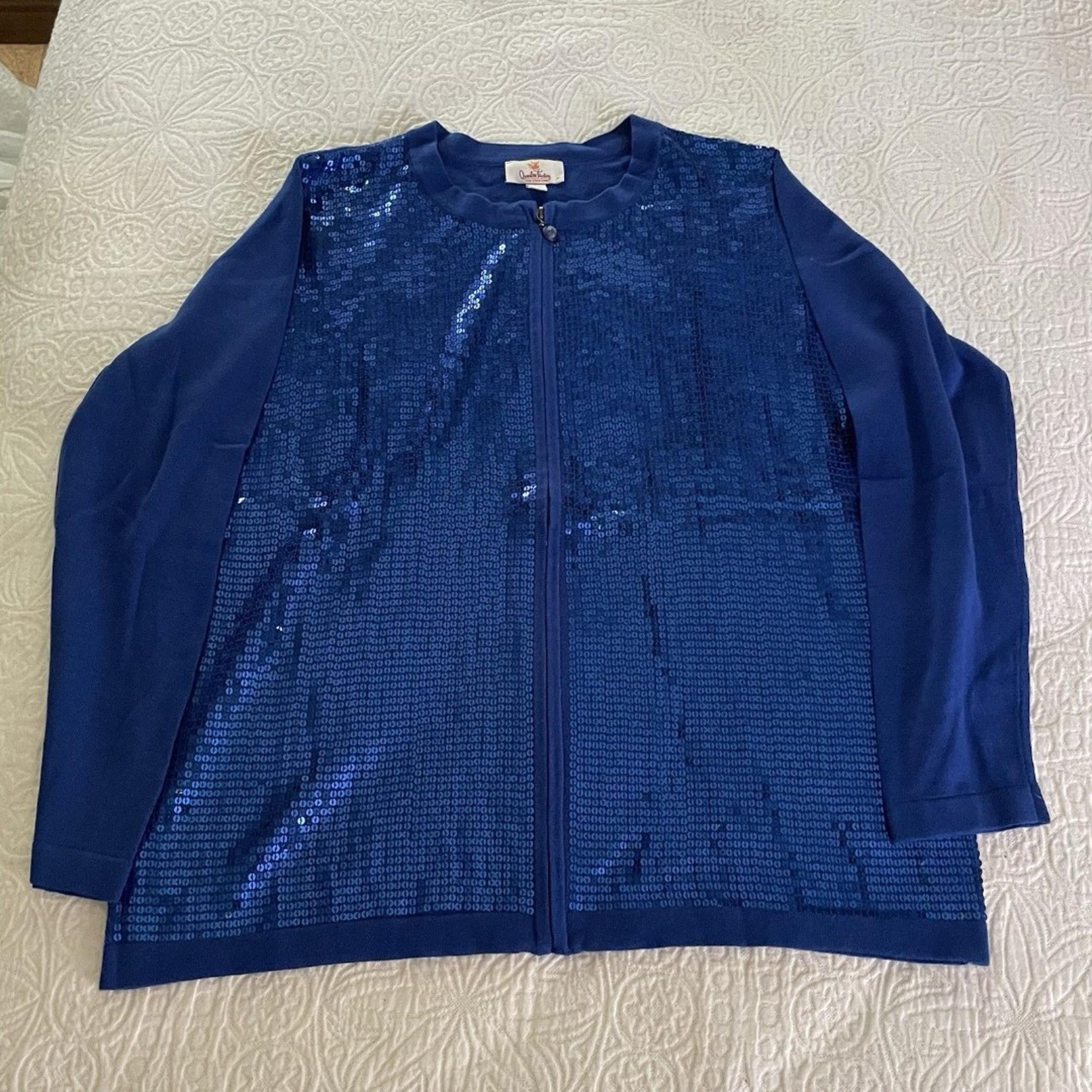 Quacker Factory full zip front blue sequin front cardigan sweater women’s size L