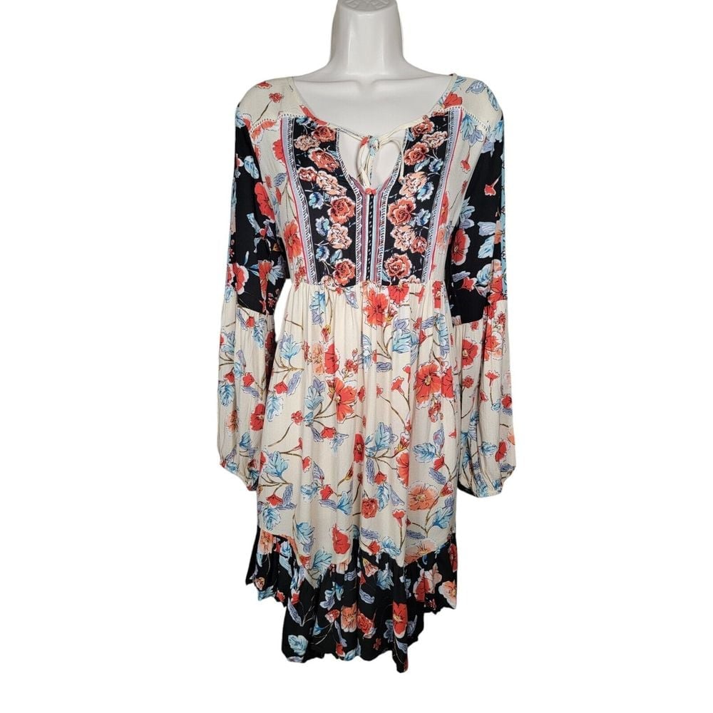Anthropologie Patrons of Peace Size Medium Black Red Floral Tunic Dress Boho