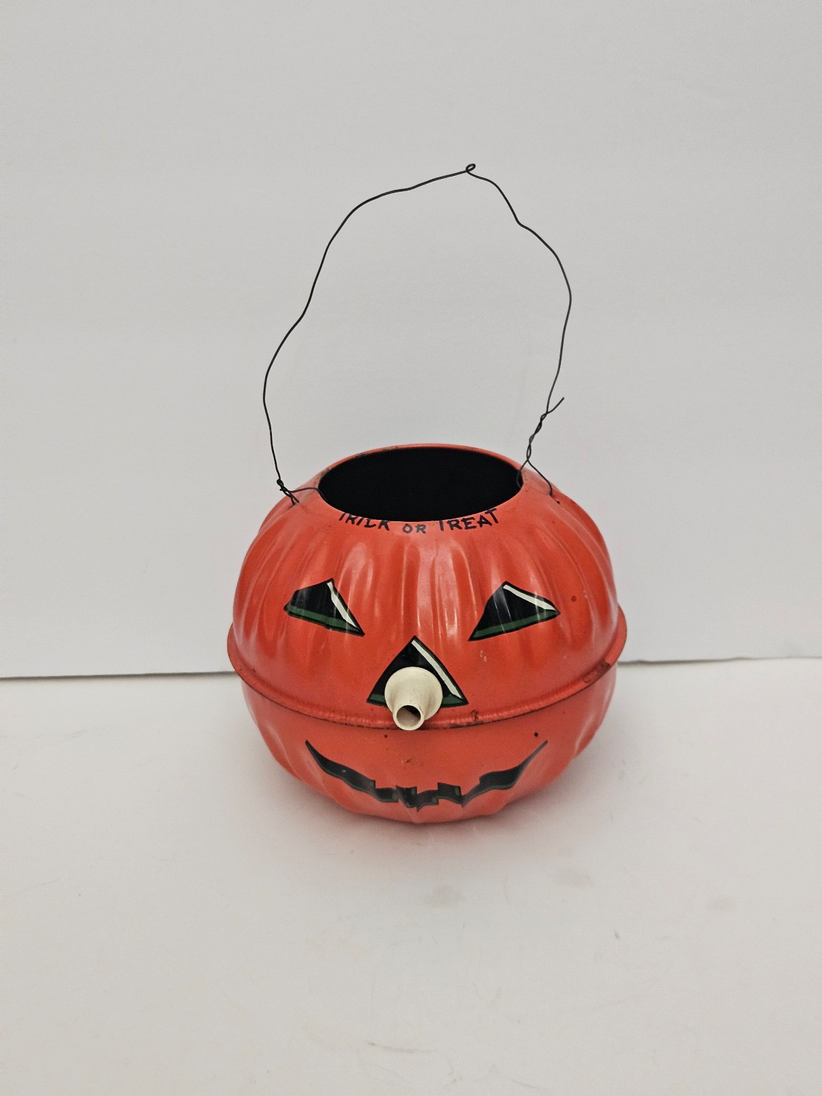 Vintage 1950s Halloween Pumpkin US Metal Toy HTF Tin Litho Jack O' Lantern