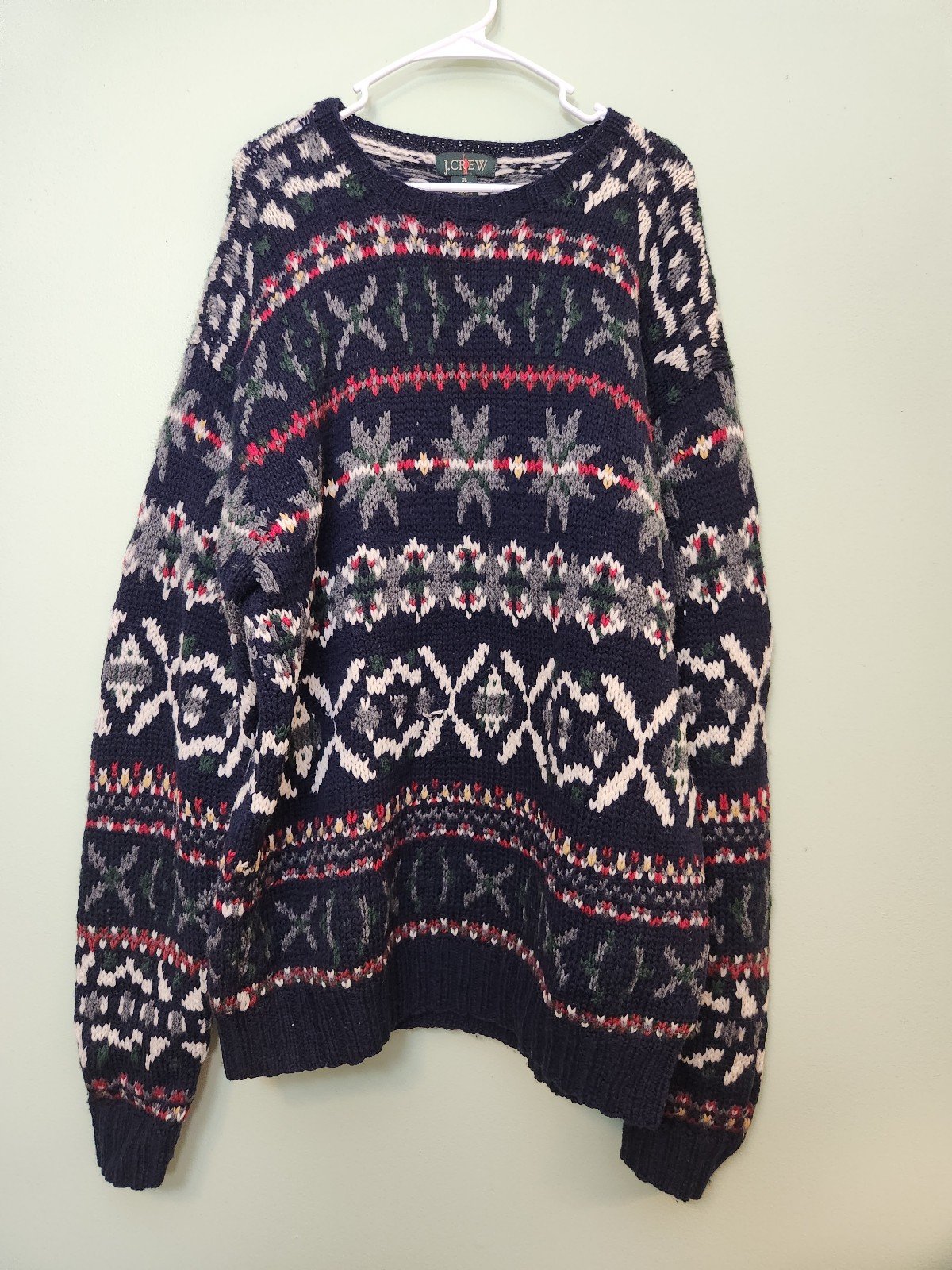 Vintage Green Tag J. Crew Men's Size XL 100% Wool Snowflake Pattern Knit Sweater