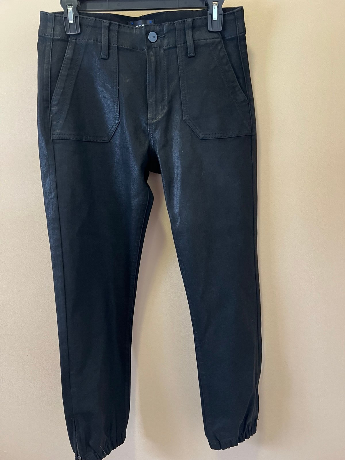 Paige Womens Black Glossy Shiny Mayslie Jogger Ankle Zipper Stretch Sz 27