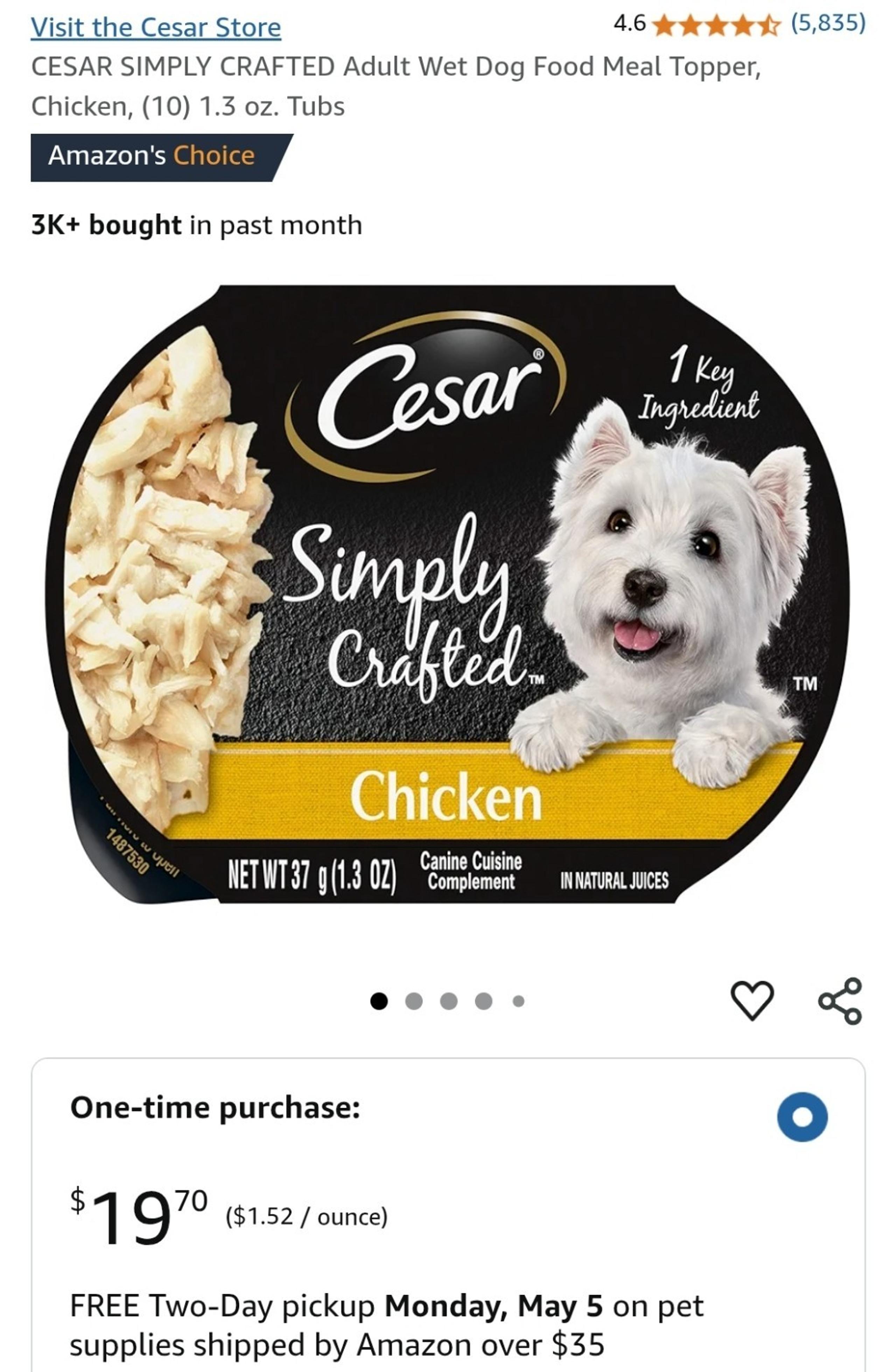 CESAR SIMPLY CRAFTED Adult Wet Dog Food Meal Topper, Chicken, (10) 1.3 oz. Tubs