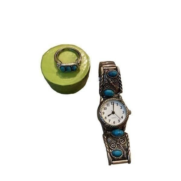 Vintage 1970s Ring and Watch Set Silver Toned Metal with Faux Turquoise Japan