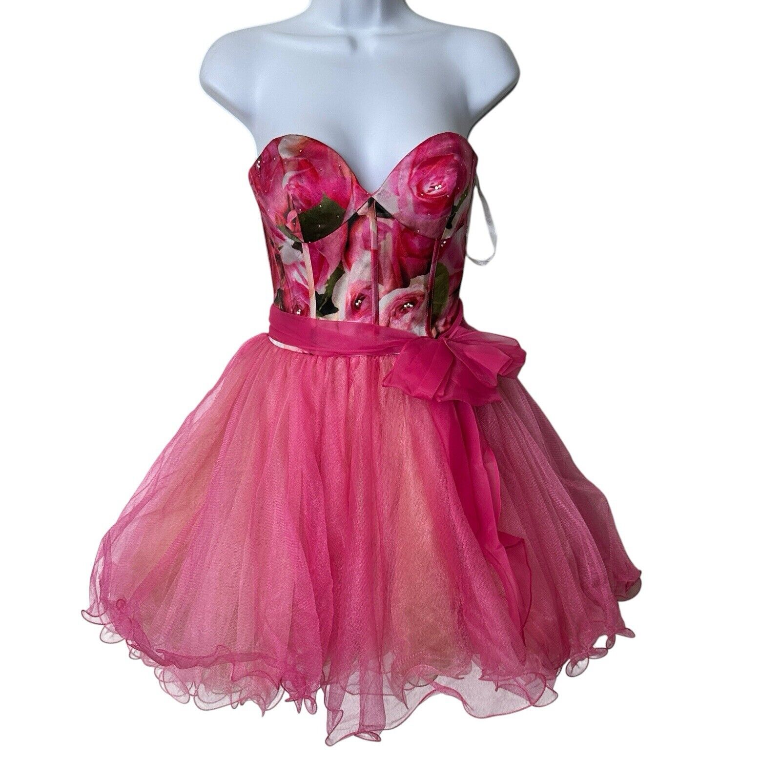 Sherri Hill Bright Pink Floral Silk Tulle Tutu Prom Dress Vintage Y2K Size 4