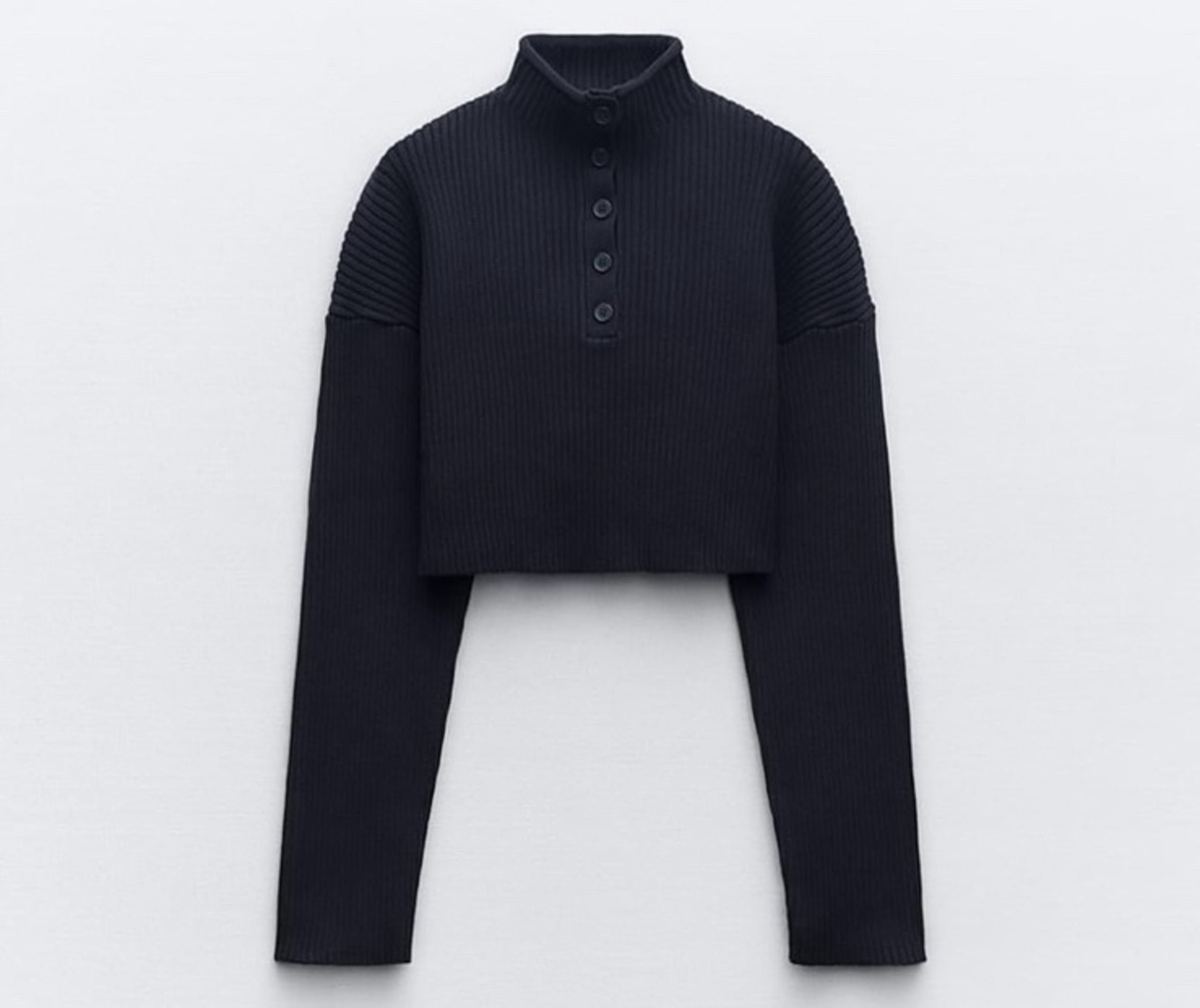 Zara Navy Button Up Cropped Sweater