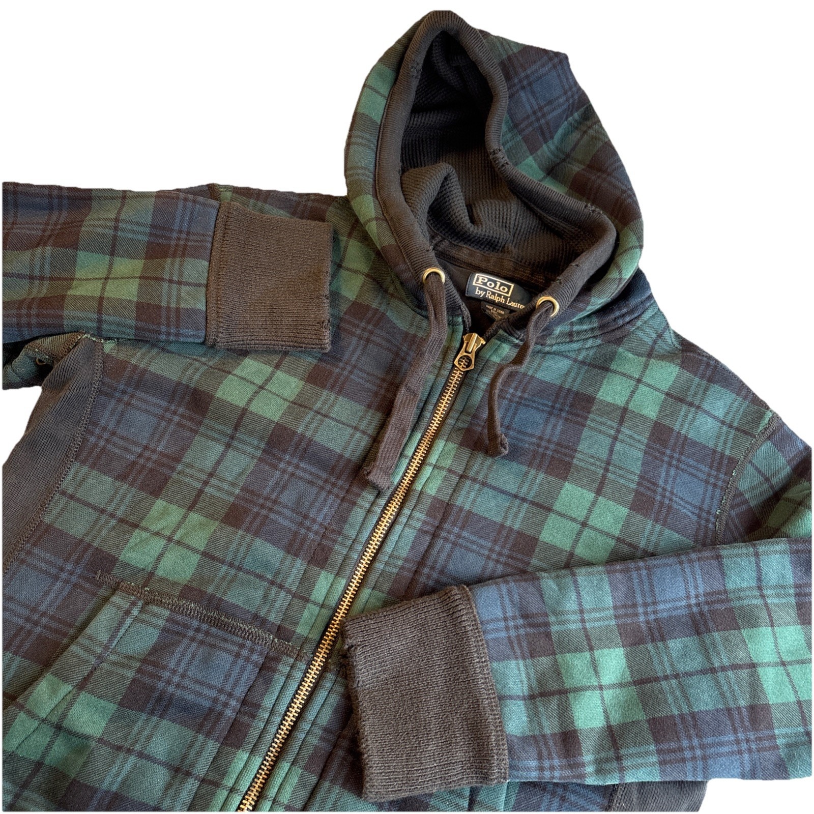 Vintage 80's POLO RALPH LAUREN Heavy Blackwatch Plaid Hoodie 2-way Zip Men's M