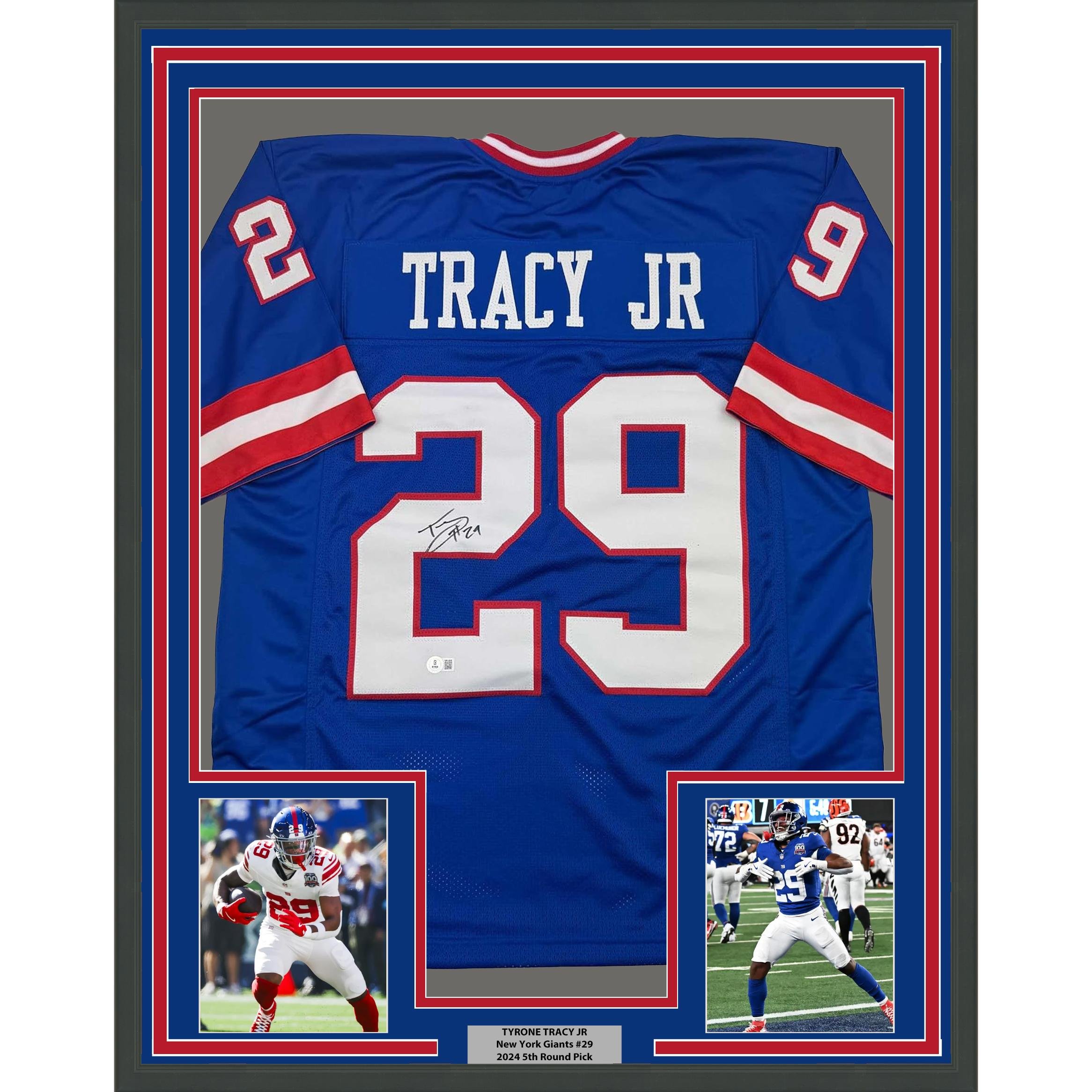 Framed Autographed/Signed Tyrone Tracy Jr. 35x39 New York Blue Jersey Beckett B
