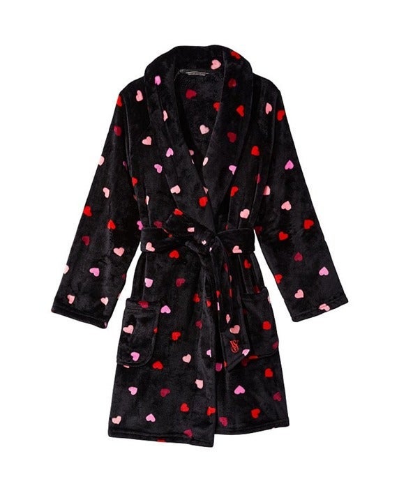 *Size XS/S* Victoria's Secret Short Cozy Robe Black Multi Heart - NEW! LAST ONE
