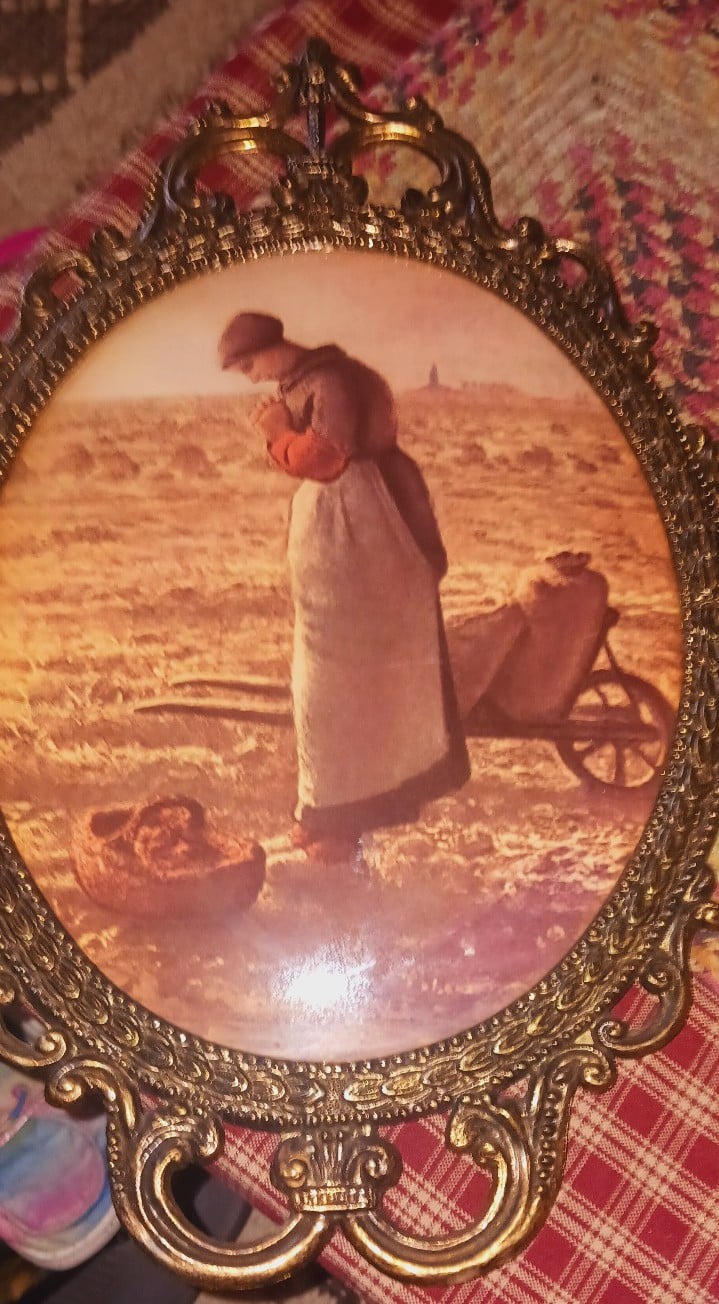 Large Italian 2pc brass praying farmers convex dome glass