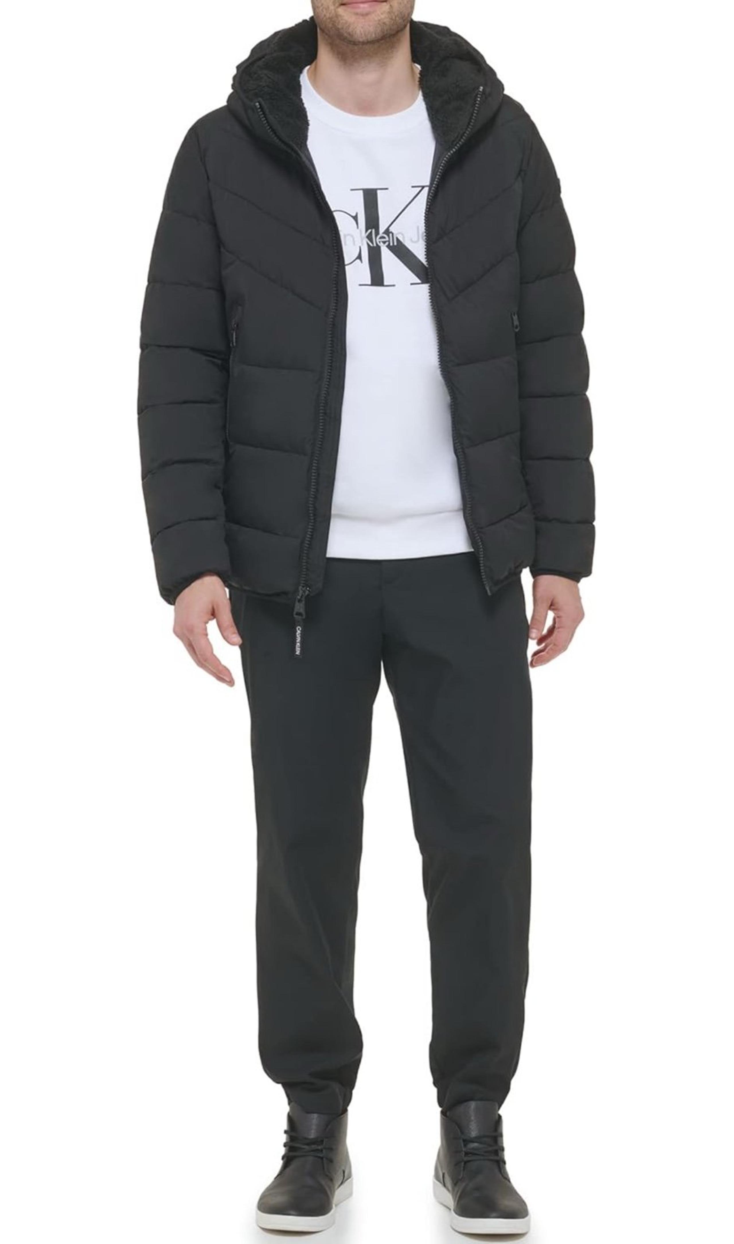 NWOT Calvin Klein Men's Sz M Snap Front Puffer Jacket Black Hooded
