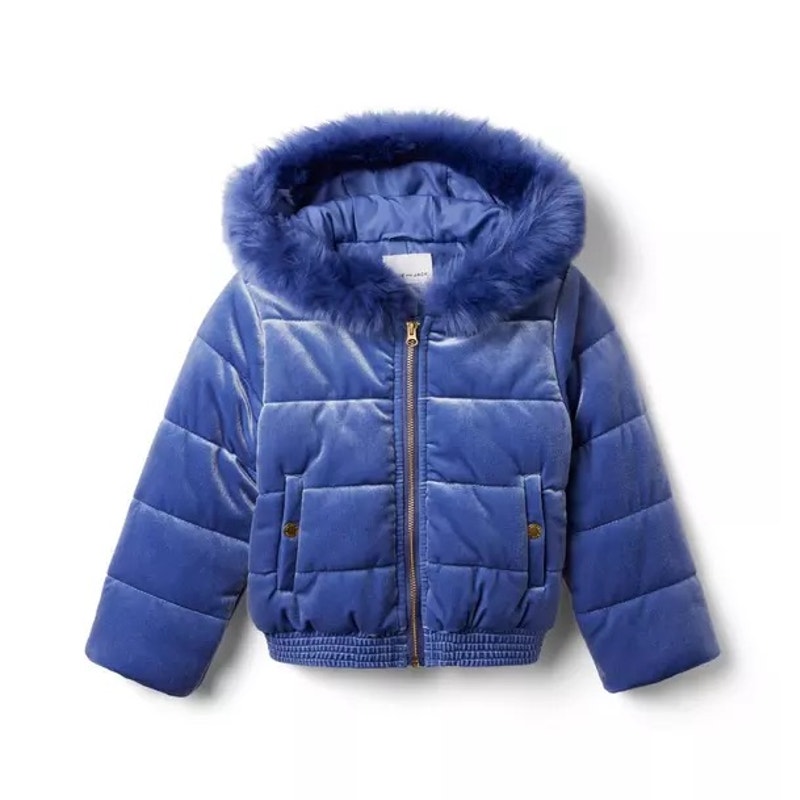 Janie and Jack Girl's Coat sz 5-6 Faux Fur Velvet Puffer Jacket sz 5-6 Blue