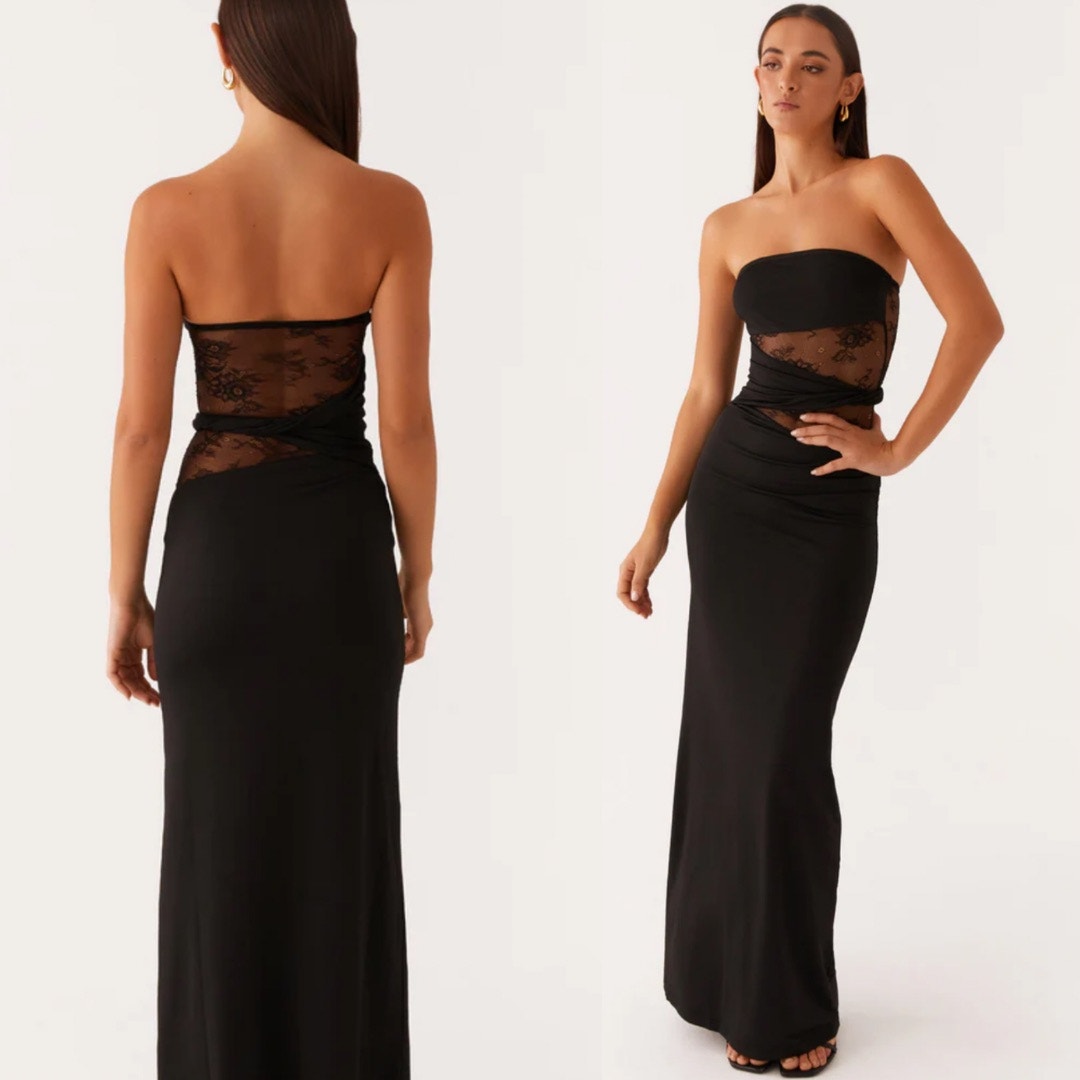 Peppermayo Karma Strapless Maxi Dress Black Lace Cutout Prom Sz 8 Goth