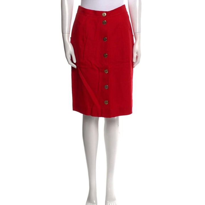VINTAGE Celine Knee Length Skirt Sz 10 M Red w Gold Buttons 80s 90s Office VTG