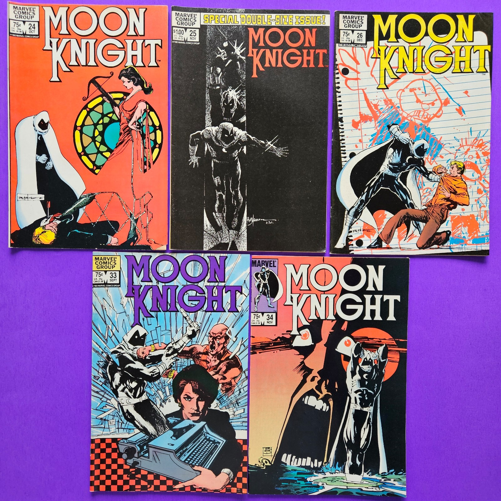 Vtg Lot Of 5 MOON KNIGHT Comic Books 24 25 26 33 34 Marvel 1982 HIGH GRADE FN/VF