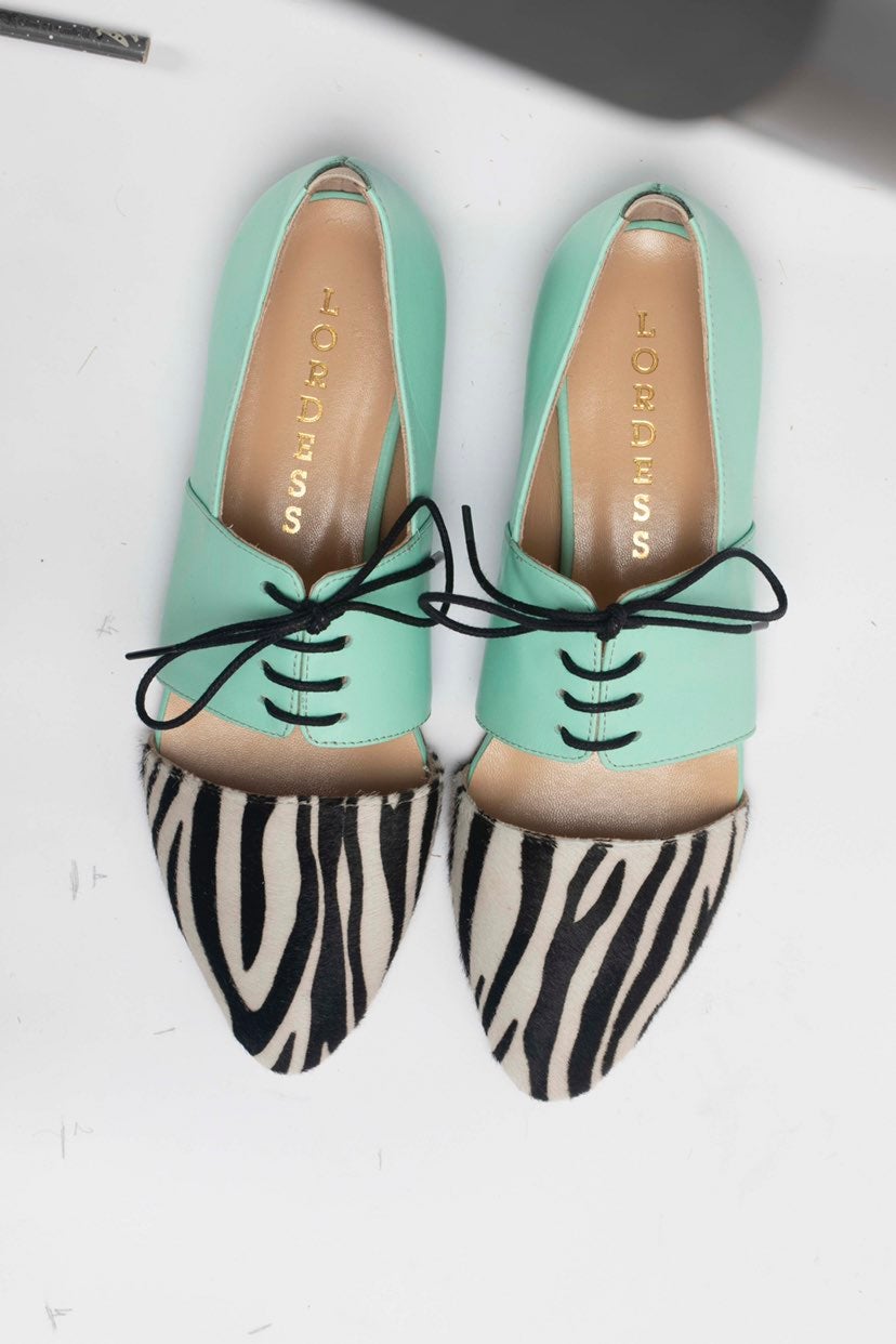 Zebra Calf Hair Leather Animal Print Oxford Flat Shoes by Lordess, Nomad 6