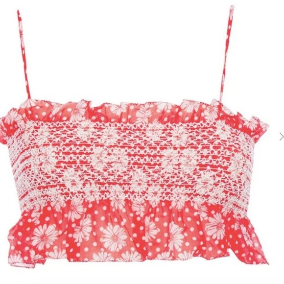 Lisa Marie Fernandez Cropped smocked printed cotton voile top red