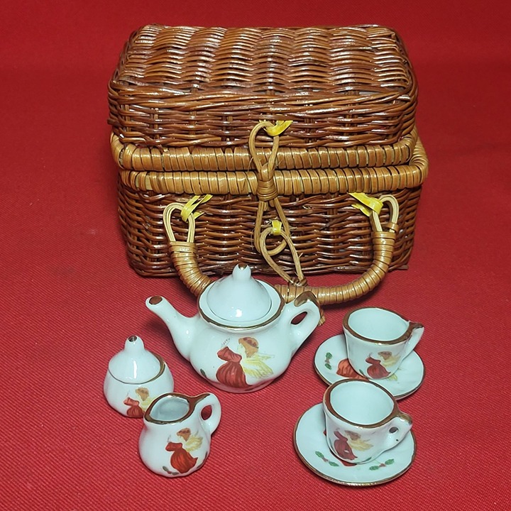 Vintage Miniature Doll 9 Piece Angel Tea Set in Lined Wicker Picnic Basket
